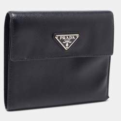 Pre Owned Prada Black Saffiano Metal Leather Triangle Logo Trifold Wallet