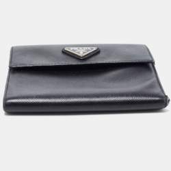 Pre Owned Prada Black Saffiano Metal Leather Triangle Logo Trifold Wallet
