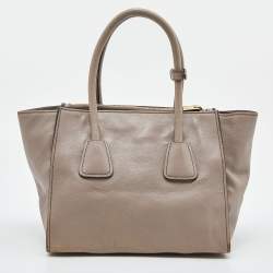 Pre Owned Prada Taupe Glace Leather Twin Pocket Tote