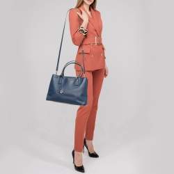 Pre Owned Prada Navy Blue Saffiano Lux Leather Medium Double Zip Tote