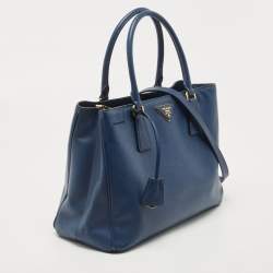 Pre Owned Prada Navy Blue Saffiano Lux Leather Medium Double Zip Tote