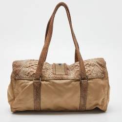 Pre Owned Prada Beige Python and Nylon Buckle Flap Satchel