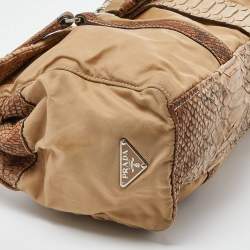 Pre Owned Prada Beige Python and Nylon Buckle Flap Satchel