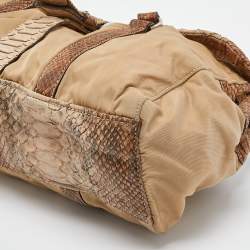 Pre Owned Prada Beige Python and Nylon Buckle Flap Satchel