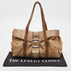 Pre Owned Prada Beige Python and Nylon Buckle Flap Satchel