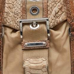 Pre Owned Prada Beige Python and Nylon Buckle Flap Satchel