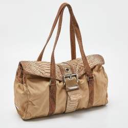 Pre Owned Prada Beige Python and Nylon Buckle Flap Satchel