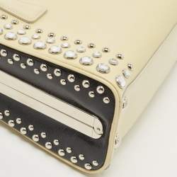 Pre Owned Prada Off White/Black Saffiano Vernice Leather Small Crystal Studded Pyramid Frame Satchel