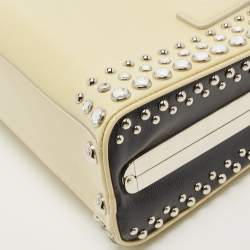 Pre Owned Prada Off White/Black Saffiano Vernice Leather Small Crystal Studded Pyramid Frame Satchel