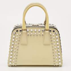 Pre Owned Prada Off White/Black Saffiano Vernice Leather Small Crystal Studded Pyramid Frame Satchel