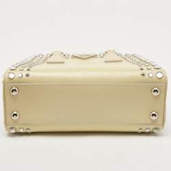 Pre Owned Prada Off White/Black Saffiano Vernice Leather Small Crystal Studded Pyramid Frame Satchel
