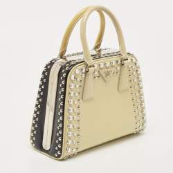Pre Owned Prada Off White/Black Saffiano Vernice Leather Small Crystal Studded Pyramid Frame Satchel