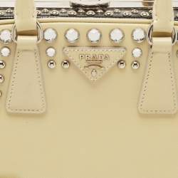 Pre Owned Prada Off White/Black Saffiano Vernice Leather Small Crystal Studded Pyramid Frame Satchel