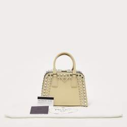 Pre Owned Prada Off White/Black Saffiano Vernice Leather Small Crystal Studded Pyramid Frame Satchel