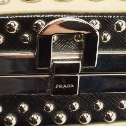 Pre Owned Prada Off White/Black Saffiano Vernice Leather Small Crystal Studded Pyramid Frame Satchel