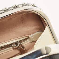 Pre Owned Prada Off White/Black Saffiano Vernice Leather Small Crystal Studded Pyramid Frame Satchel