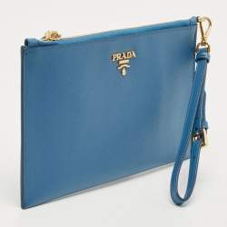 Prada Blue Saffiano Lux Leather Flat Wristlet Pouch