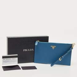 Prada Blue Saffiano Lux Leather Flat Wristlet Pouch