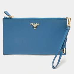 Prada Blue Saffiano Lux Leather Flat Wristlet Pouch