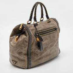 Pre Owned Prada Talco Craquele Leather Studded Bauletto Tote