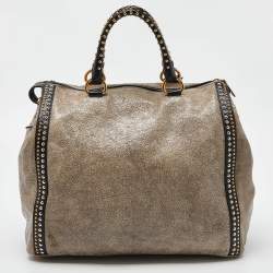 Pre Owned Prada Talco Craquele Leather Studded Bauletto Tote