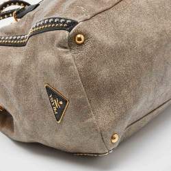 Pre Owned Prada Talco Craquele Leather Studded Bauletto Tote