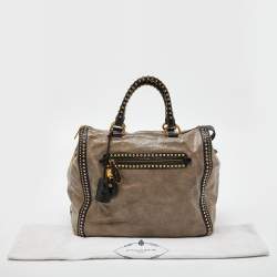 Pre Owned Prada Talco Craquele Leather Studded Bauletto Tote