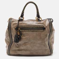 Pre Owned Prada Talco Craquele Leather Studded Bauletto Tote