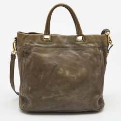 Pre Owned Prada Khaki Green Leather Open Tote