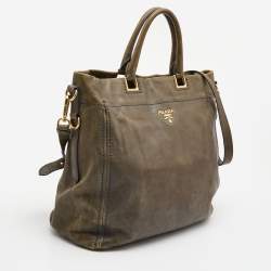 Pre Owned Prada Khaki Green Leather Open Tote