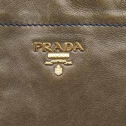 Pre Owned Prada Khaki Green Leather Open Tote