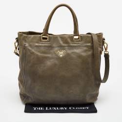Pre Owned Prada Khaki Green Leather Open Tote