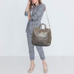 Pre Owned Prada Khaki Green Leather Open Tote