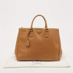 Pre Owned Prada Camel Brown Saffiano Lux Leather Extra Large Double Zip Tote