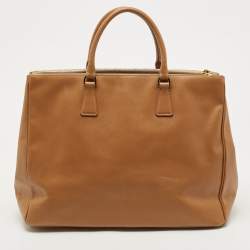 Pre Owned Prada Camel Brown Saffiano Lux Leather Extra Large Double Zip Tote