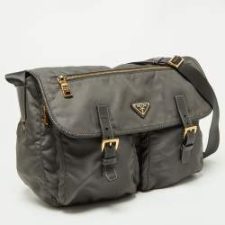 Prada Grey Nylon and Leather Buckle Messenger Bag