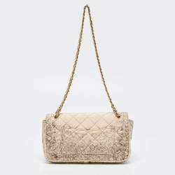 Pre Owned Prada Beige Floral Print Quilted Satin Flap Chain Bag