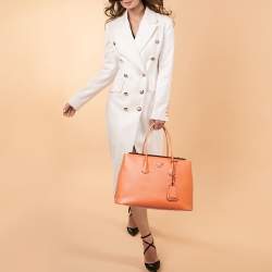 Pre Owned Prada Orange Saffiano Leather Large Twin Tote