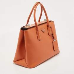 Pre Owned Prada Orange Saffiano Leather Large Twin Tote