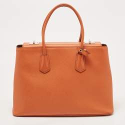 Pre Owned Prada Orange Saffiano Leather Large Twin Tote