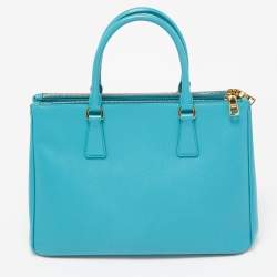 Pre Owned Prada Blue Saffiano Lux Leather Medium Galleria Double Zip Tote
