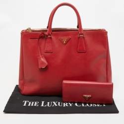 Pre Owned Prada  Red Saffiano Lux Leather Large Galleria Double Zip Tote