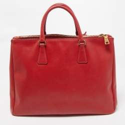 Pre Owned Prada  Red Saffiano Lux Leather Large Galleria Double Zip Tote