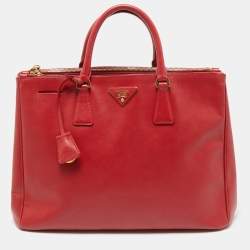 Pre Owned Prada  Red Saffiano Lux Leather Large Galleria Double Zip Tote