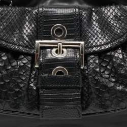 Pre Owned Prada Black Python, Lizard and Leather Buckle Pocket Tote