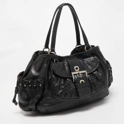 Pre Owned Prada Black Python, Lizard and Leather Buckle Pocket Tote