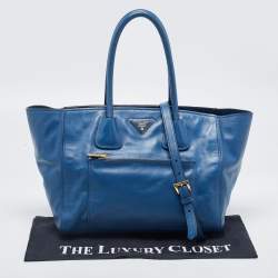 Pre Owned Prada Blue Leather Front Pocket Wing Tote