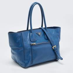 Pre Owned Prada Blue Leather Front Pocket Wing Tote