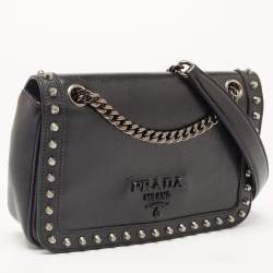 Pre Owned Prada Black Glace Leather Studded Flap Shoulder Bag