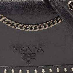 Pre Owned Prada Black Glace Leather Studded Flap Shoulder Bag